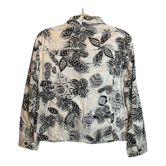 Chico's Jacket Women's Size Medium Floral‎ Sequins Denim Jean Office Black White - Picture 2 of 4